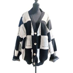 Bibi Oversized Fuzzy Black and White Checkered Cardigan Size Large